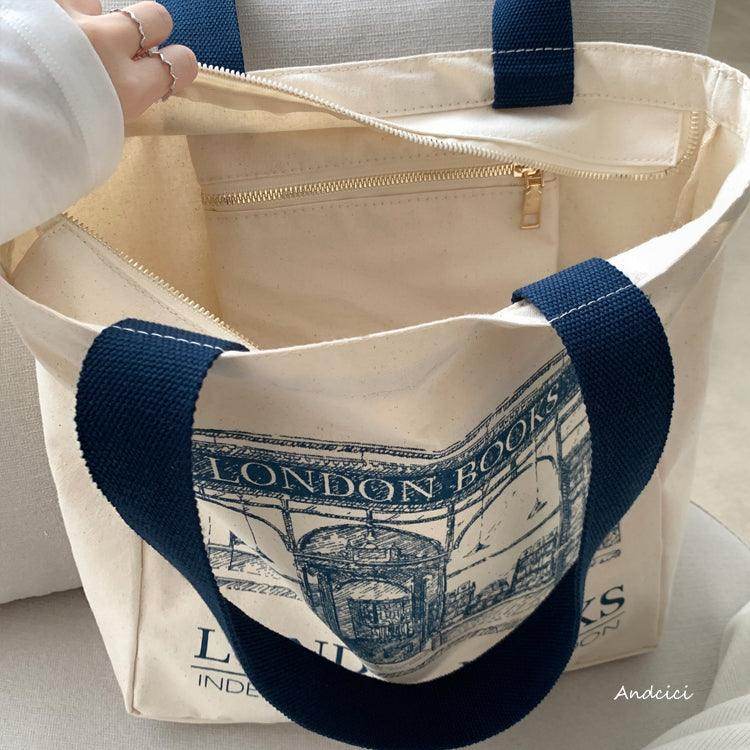 London Books Marylebone Book Store Tote Bag blue strap with Zip - Casualruby