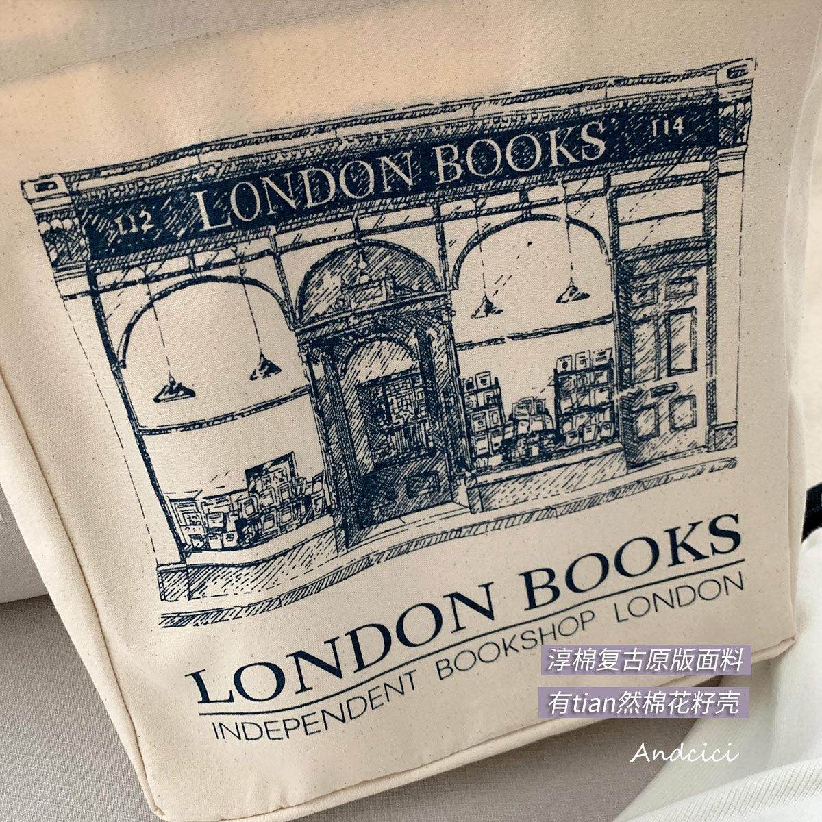 London Books Marylebone Book Store Tote Bag blue strap with Zip - Casualruby
