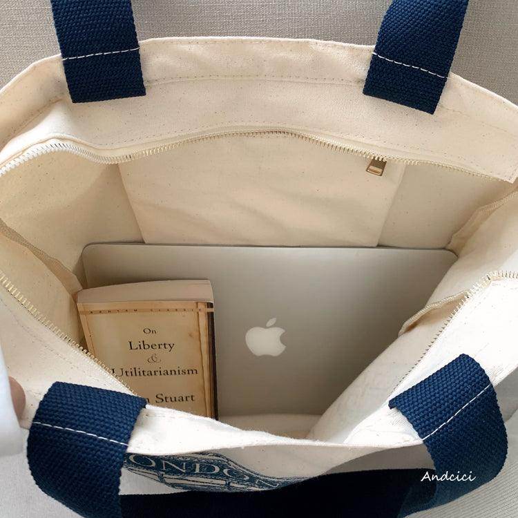 London Books Marylebone Book Store Tote Bag blue strap with Zip - Casualruby