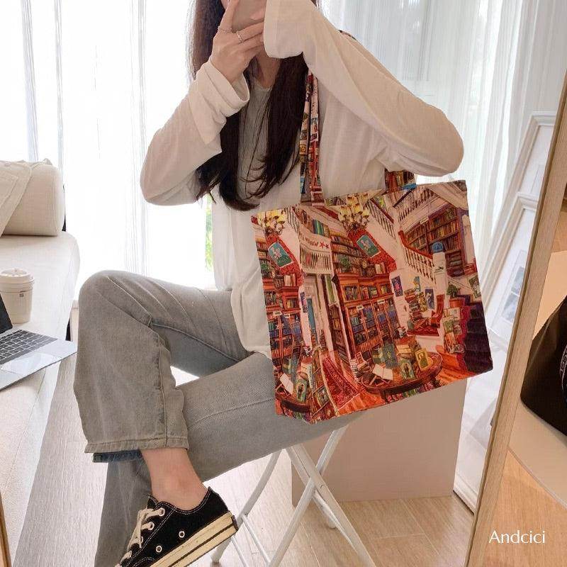 London Book Store Watercolour Tote Bag with Zip - Casualruby