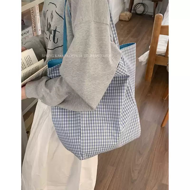 Casualruby© Checkered Canvas Tote Bag Large Capacity Shopping