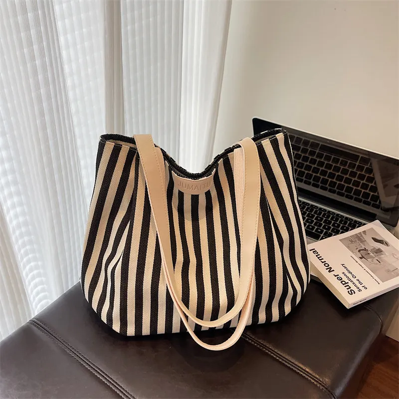 Casualruby© Striped Canvas Tote Bag Large Capacity Shoulder
