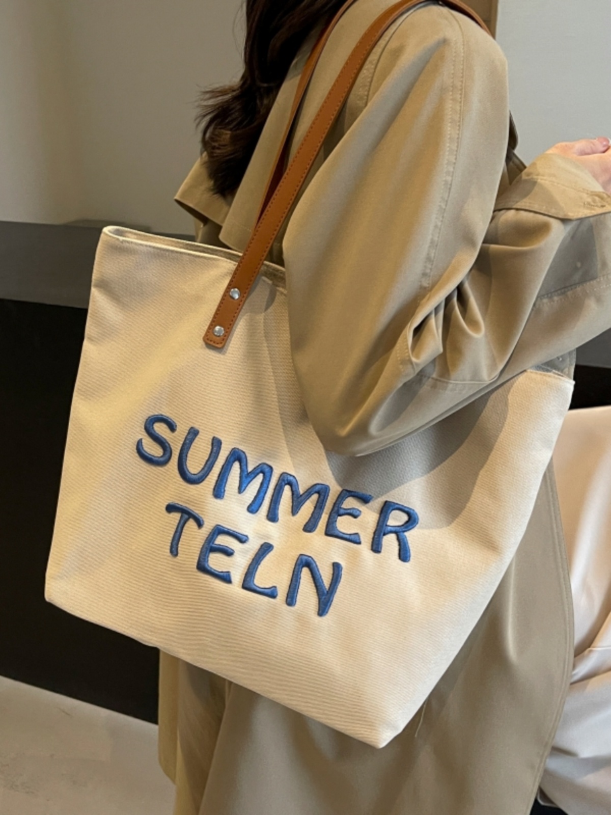 Casualruby © Embroidered letter canvas tote bag