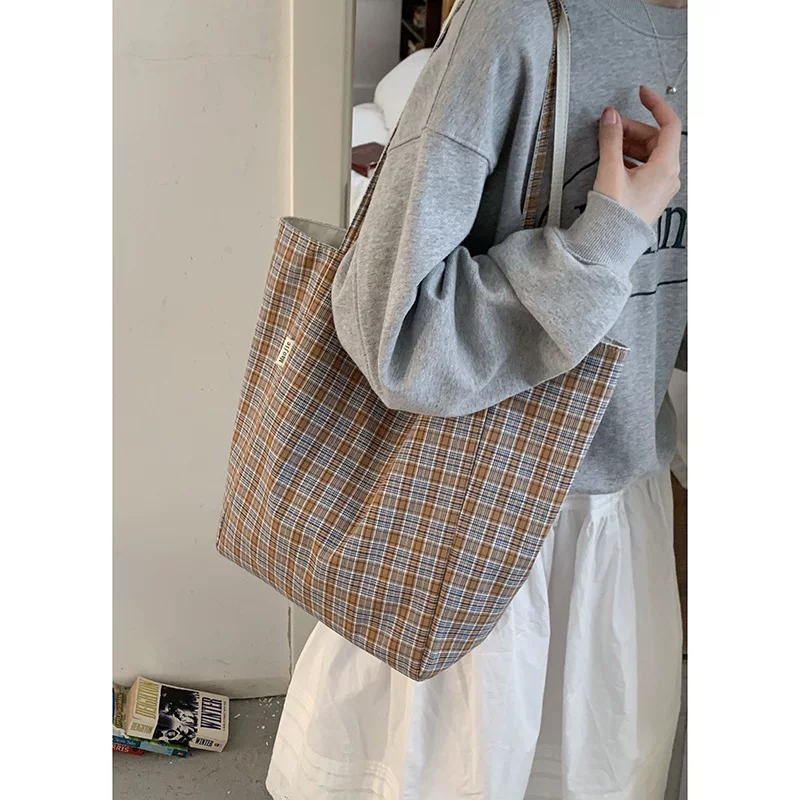 Casualruby© Checkered Canvas Tote Bag Large Capacity Shopping
