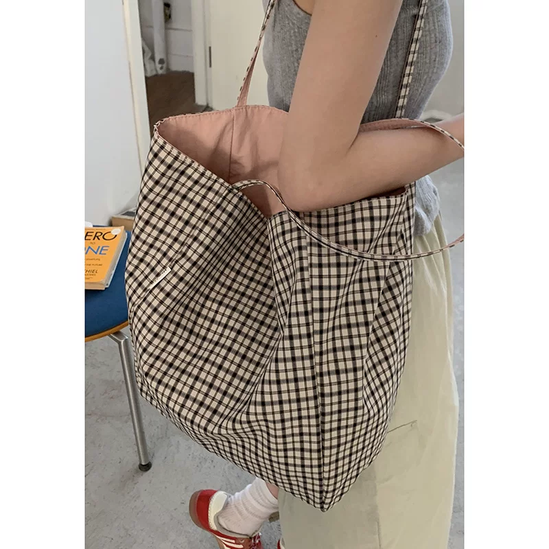Casualruby© Checkered Canvas Tote Bag Large Capacity Shopping