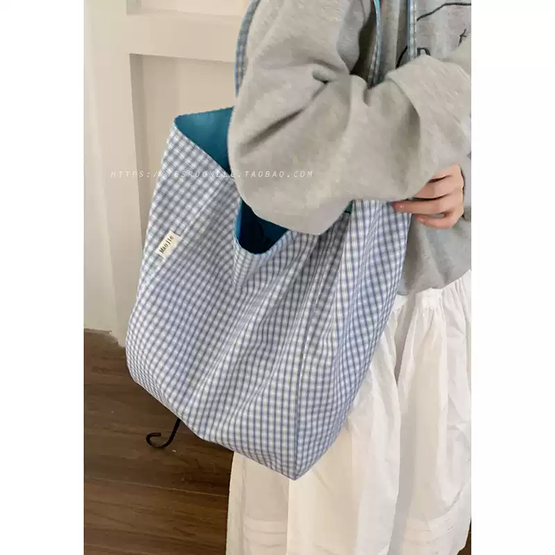 Casualruby© Checkered Canvas Tote Bag Large Capacity Shopping