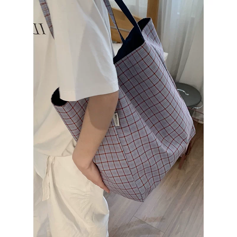 Casualruby© Checkered Canvas Tote Bag Large Capacity Shopping