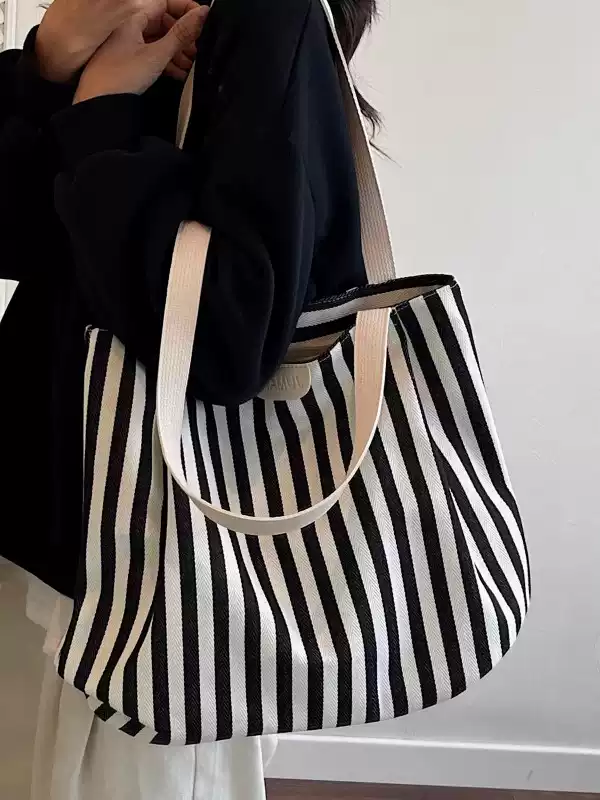 Casualruby© Striped Canvas Tote Bag Large Capacity Shoulder