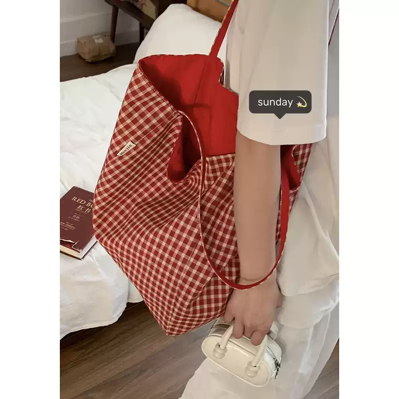 Casualruby© Checkered Canvas Tote Bag Large Capacity Shopping