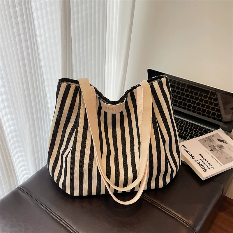 Casualruby© Striped Canvas Tote Bag Large Capacity Shoulder