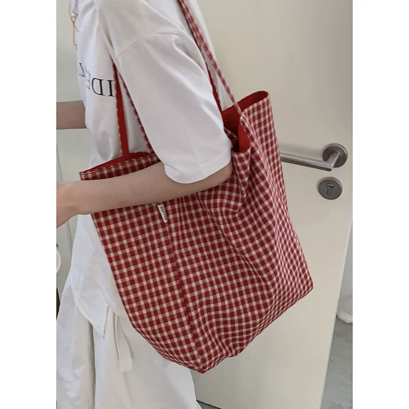 Casualruby© Checkered Canvas Tote Bag Large Capacity Shopping