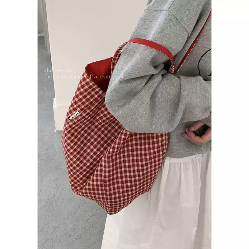 Casualruby© Checkered Canvas Tote Bag Large Capacity Shopping
