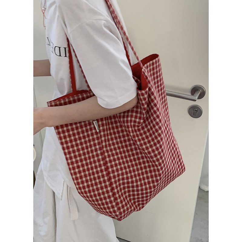 Casualruby© Checkered Canvas Tote Bag Large Capacity Shopping